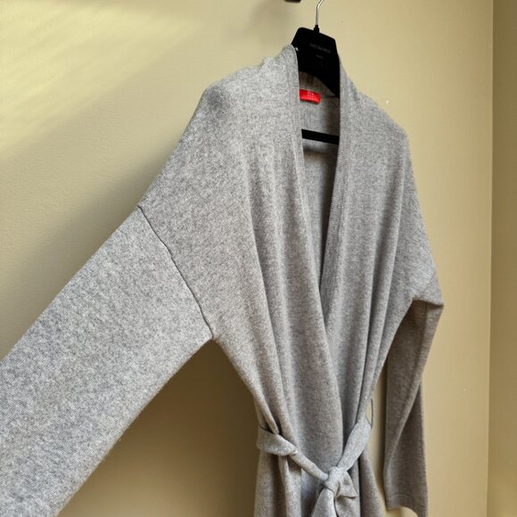 JENNIE LIU 100% Pure Cashmere Belted Lux Wrap Cardigan Robe - Light Grey - Picture 6 of 13